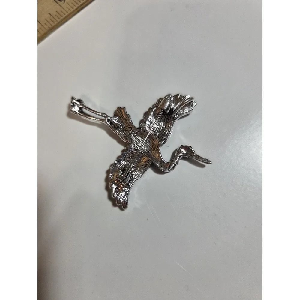 Multicolor Rhinstone Crane Brooch Pendant Silver-Tone